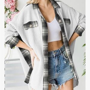White and Black Plaid Button-Up Shirt comfy flannel
